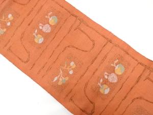 手織り紬　変わり横段に果実模様織り出し　名古屋帯